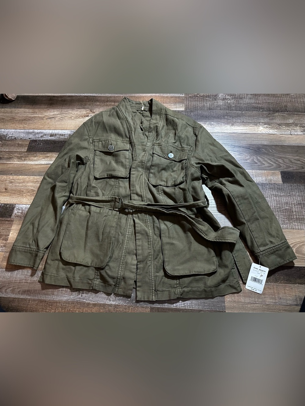 FREE PEOPLE Army Green In Our Nature Cargo Cotton Belted Jacket L
